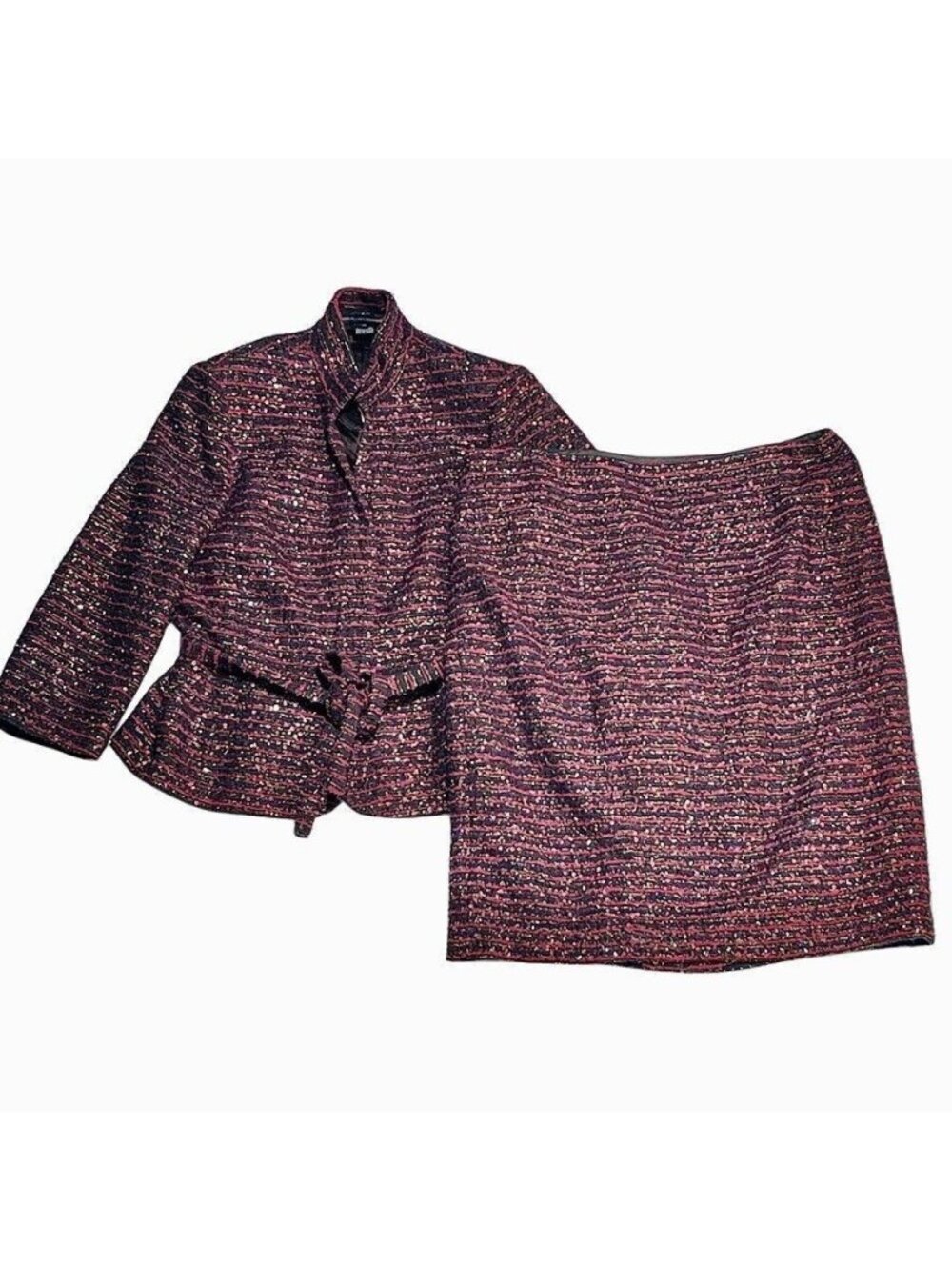 Linda Allardelle Textured Striped Belted Blazer & Skirt Suit Set